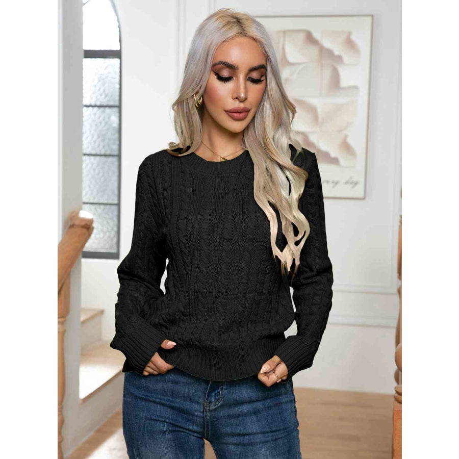 Cable-Knit Round Neck Long Sleeve Sweater Black / S