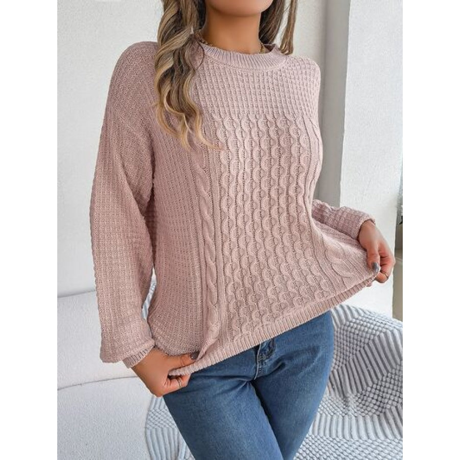 Cable-Knit Round Neck Long Sleeve Sweater Blush Pink / S Clothing