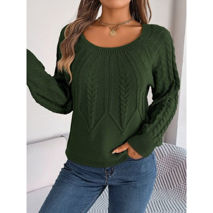 Cable-Knit Round Neck Long Sleeve Sweater Clothing