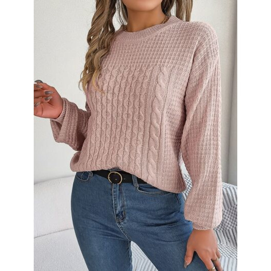 Cable-Knit Round Neck Long Sleeve Sweater Clothing