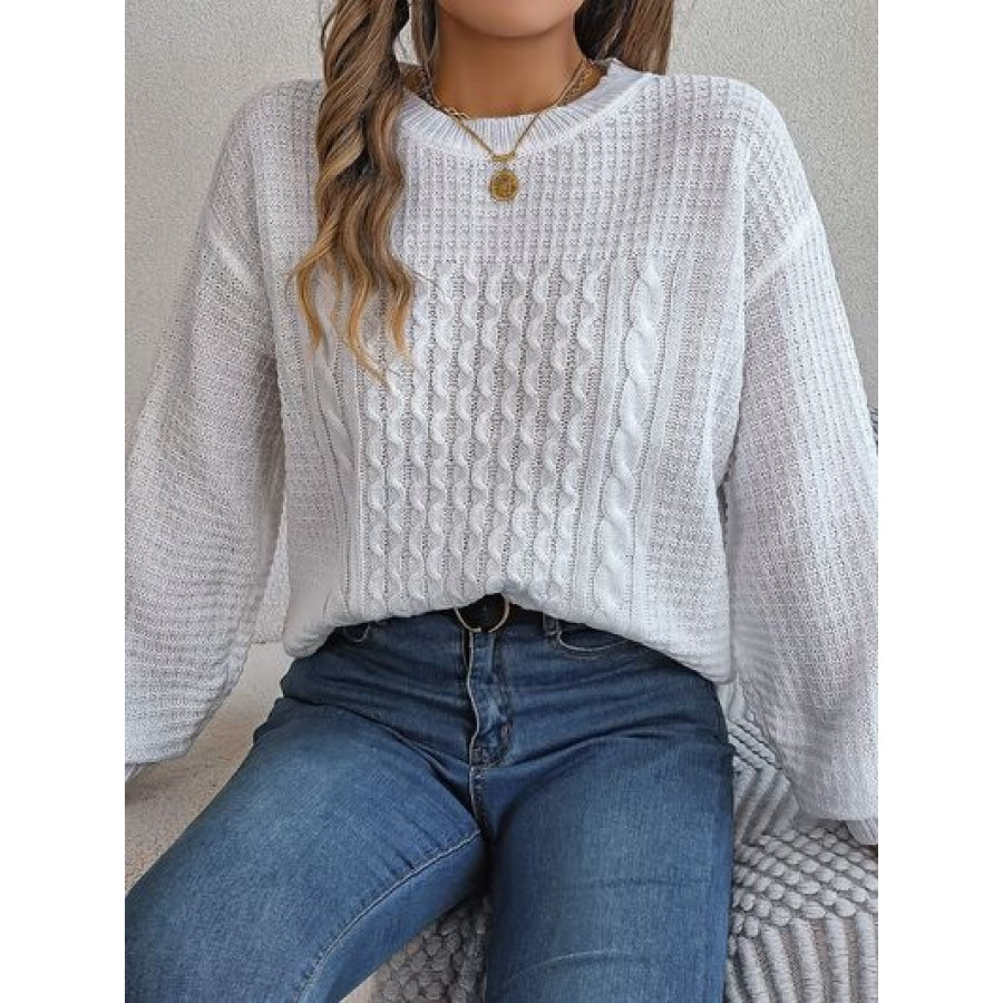 Cable-Knit Round Neck Long Sleeve Sweater Clothing