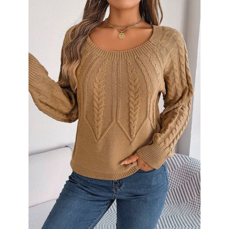 Cable-Knit Round Neck Long Sleeve Sweater Clothing