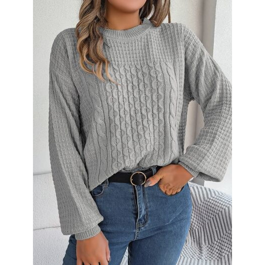 Cable-Knit Round Neck Long Sleeve Sweater Clothing