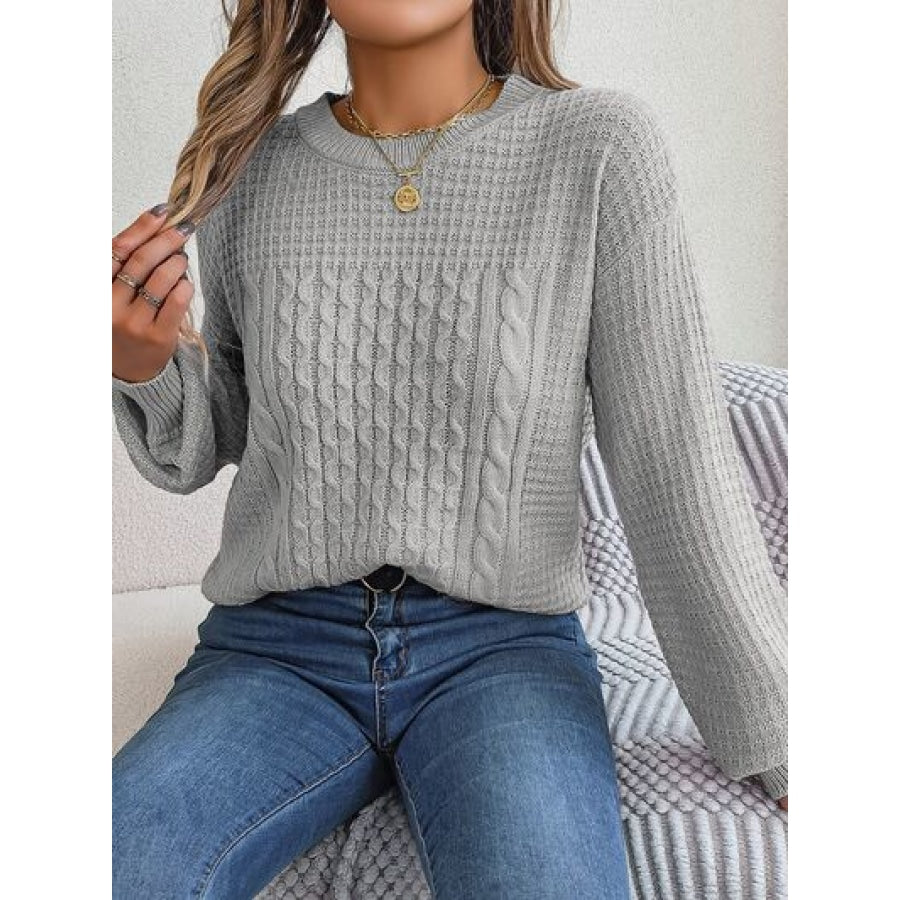 Cable-Knit Round Neck Long Sleeve Sweater Clothing