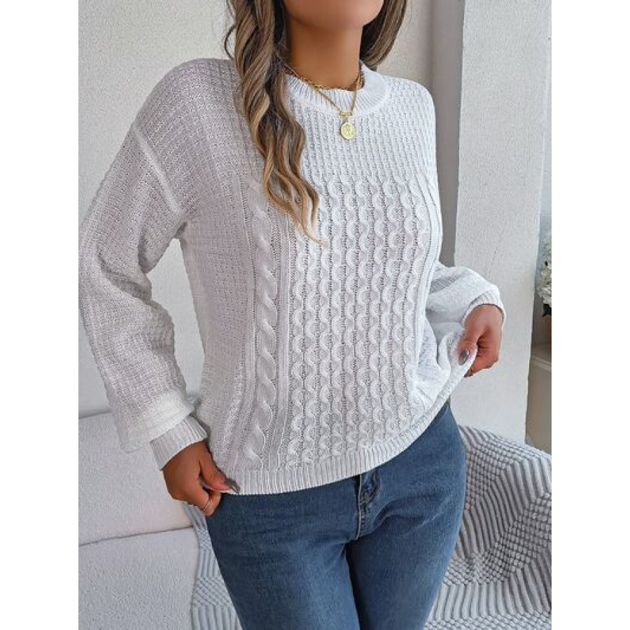 Cable-Knit Round Neck Long Sleeve Sweater Clothing