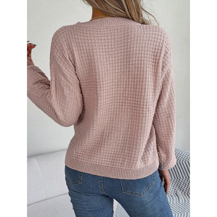 Cable-Knit Round Neck Long Sleeve Sweater Blush Pink / S Clothing