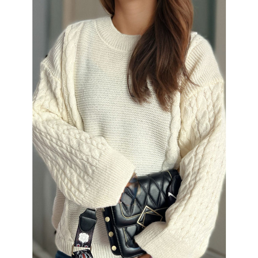 Cable-Knit Round Neck Long Sleeve Sweater Cream / One Size Apparel and Accessories