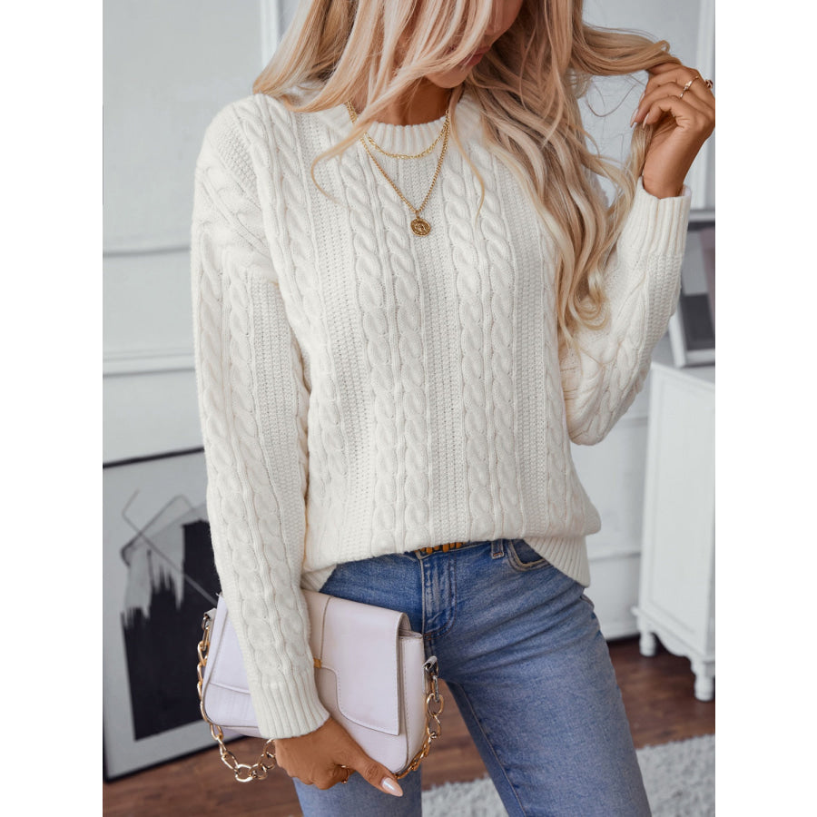 Cable-Knit Round Neck Long Sleeve Sweater Cream / S Apparel and Accessories