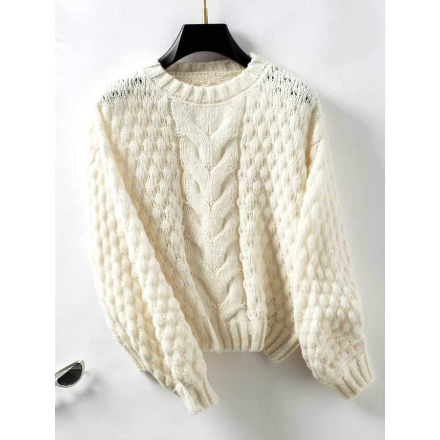 Cable-Knit Round Neck Long Sleeve Sweater Cream / S Apparel and Accessories