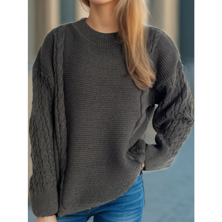 Cable-Knit Round Neck Long Sleeve Sweater Dark Gray / One Size Apparel and Accessories