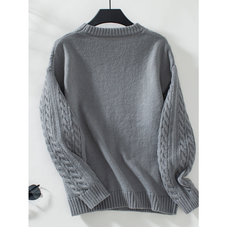 Cable-Knit Round Neck Long Sleeve Sweater Dark Gray / S Apparel and Accessories