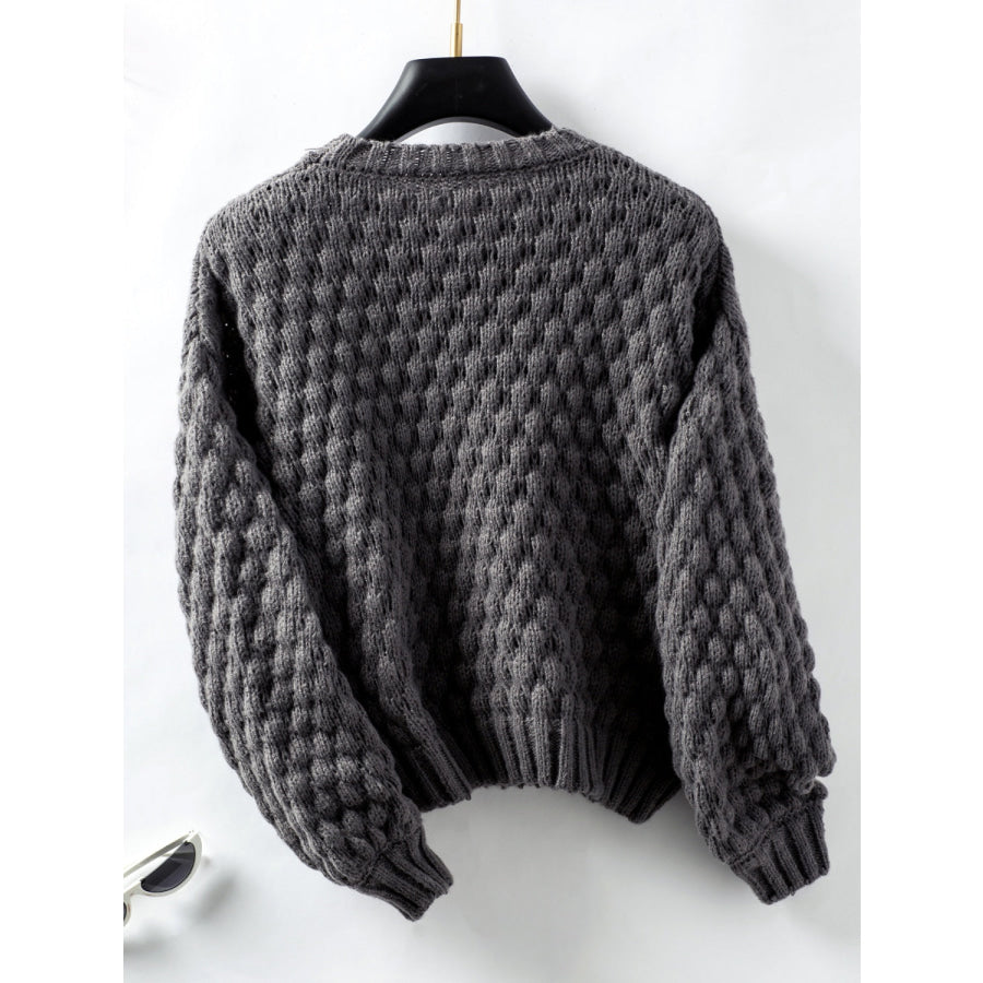 Cable-Knit Round Neck Long Sleeve Sweater Dark Gray / S Apparel and Accessories