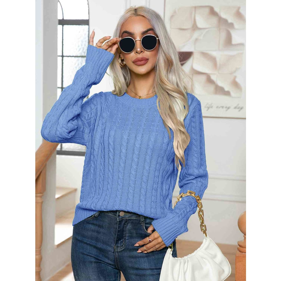 Cable-Knit Round Neck Long Sleeve Sweater Dusty Blue / S