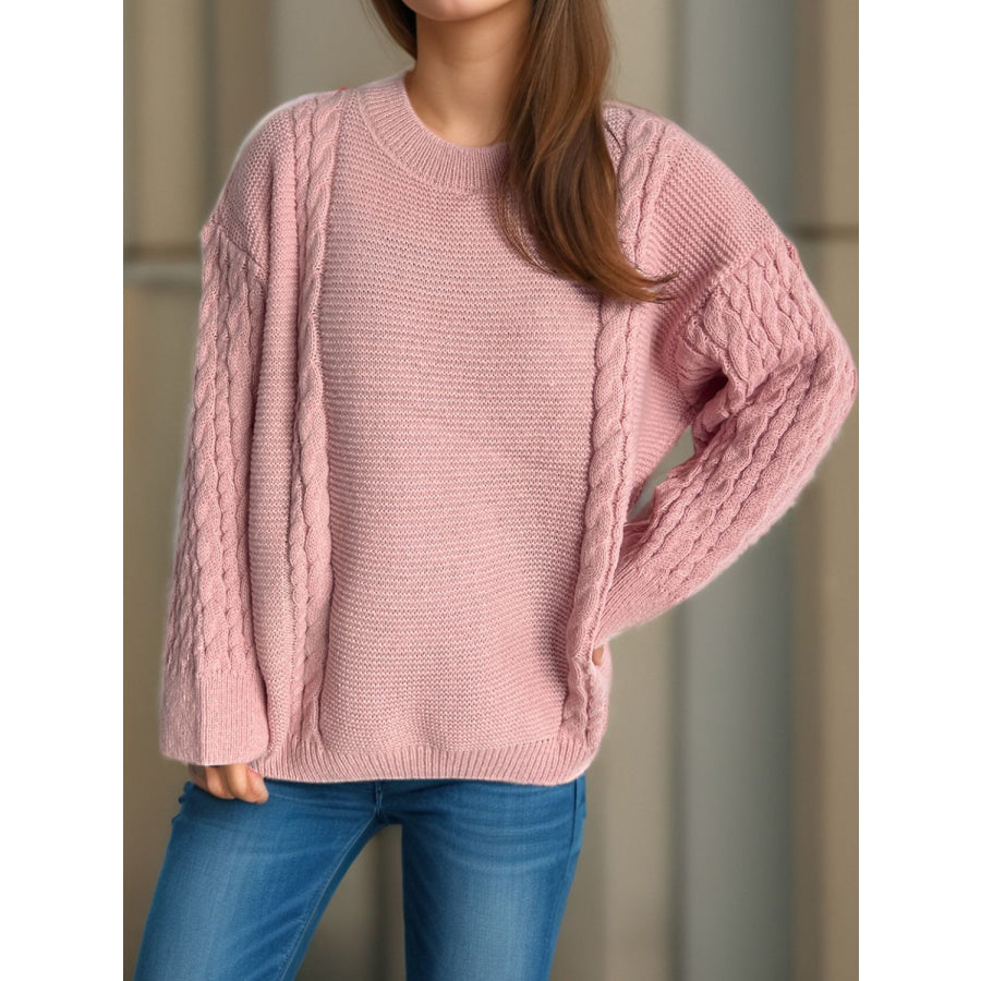 Cable-Knit Round Neck Long Sleeve Sweater Dusty Pink / One Size Apparel and Accessories