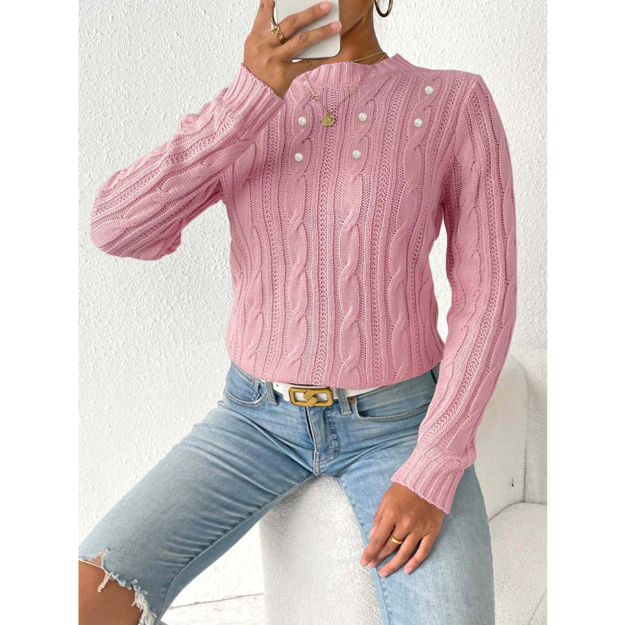 Cable-Knit Round Neck Long Sleeve Sweater Dusty Pink / S Apparel and Accessories