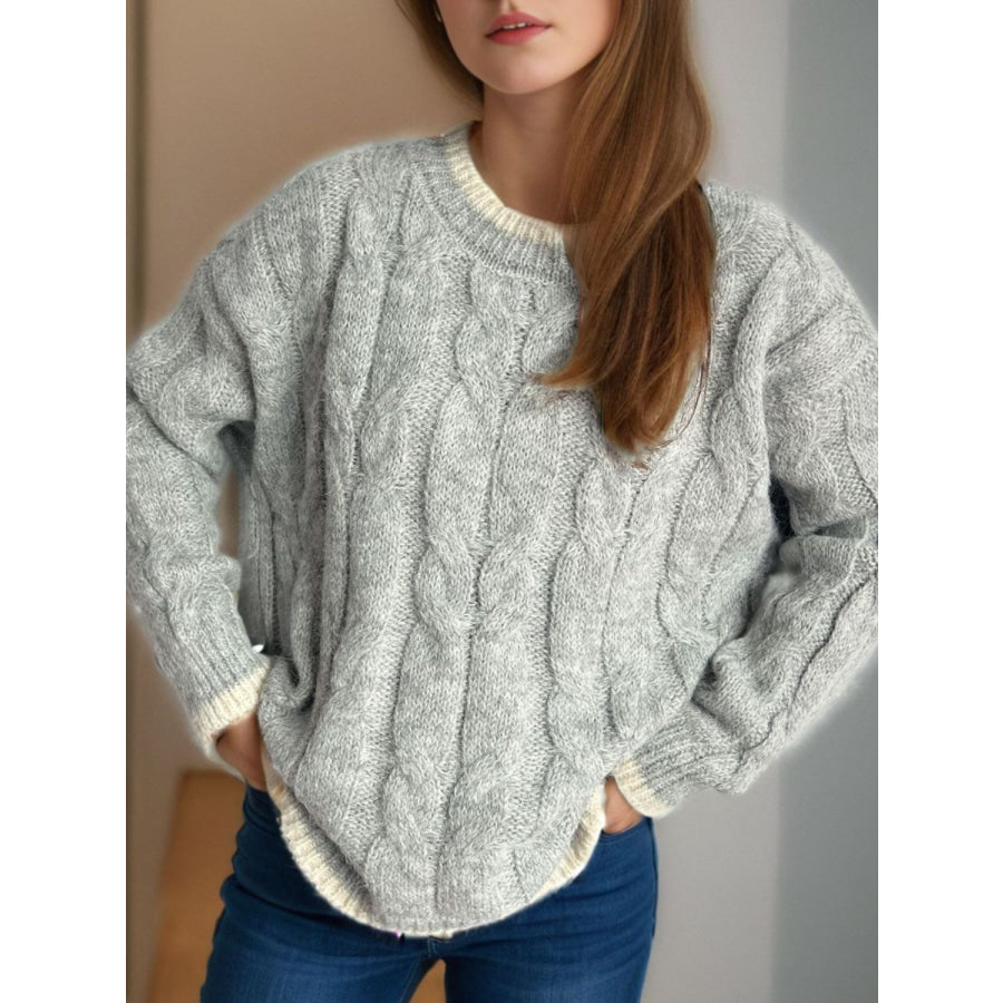 Cable Knit Round Neck Long Sleeve Sweater Gray / One Size Apparel and Accessories