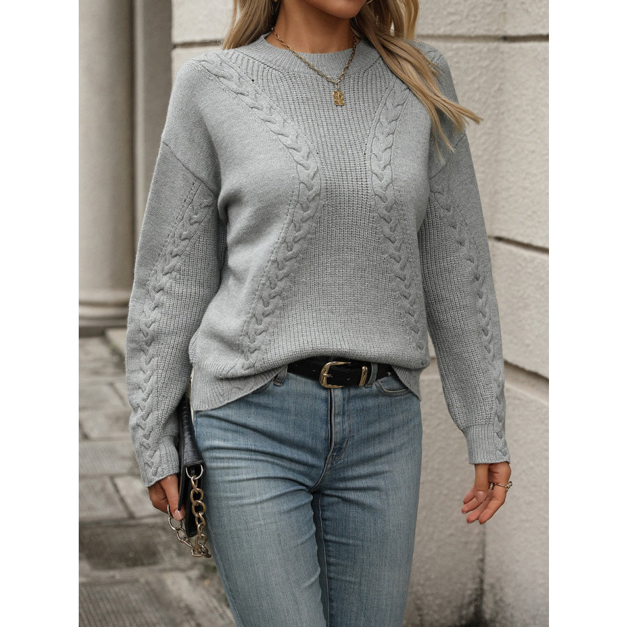 Cable-Knit Round Neck Long Sleeve Sweater Gray / S Apparel and Accessories