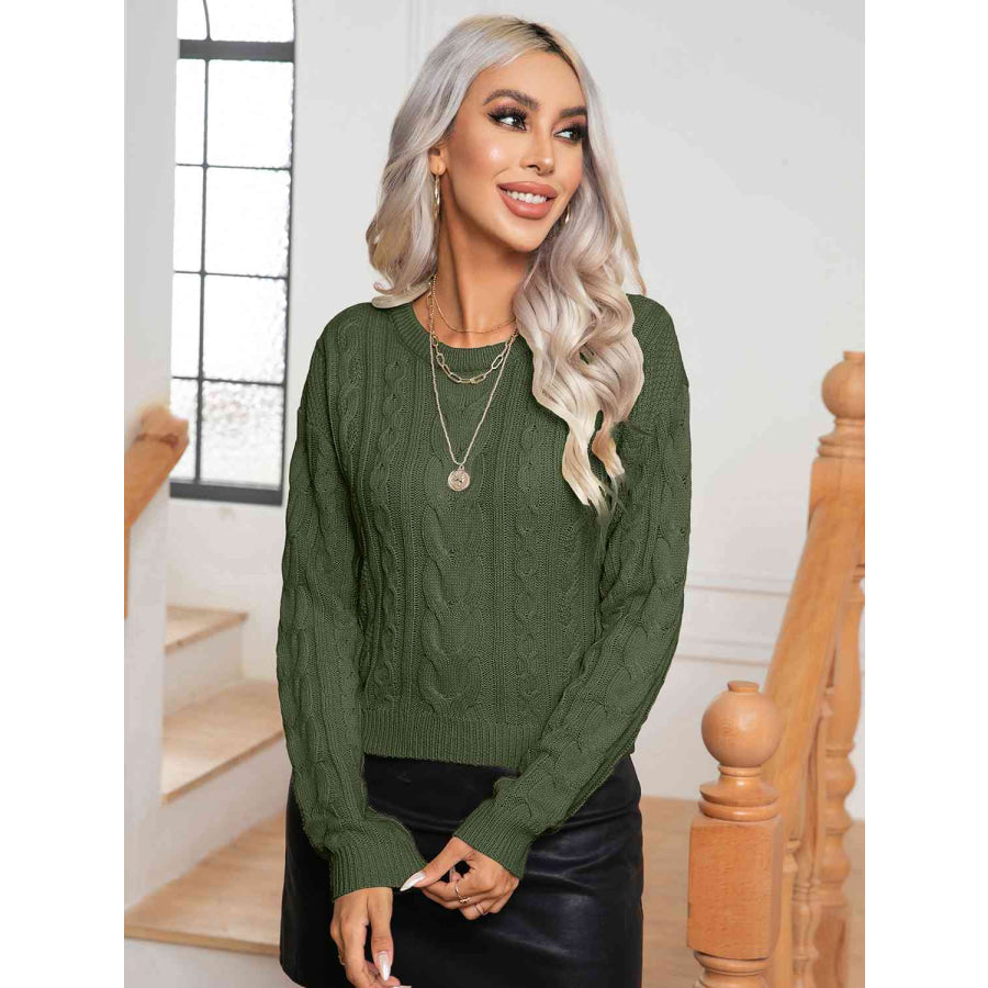 Cable-Knit Round Neck Long Sleeve Sweater Green / S