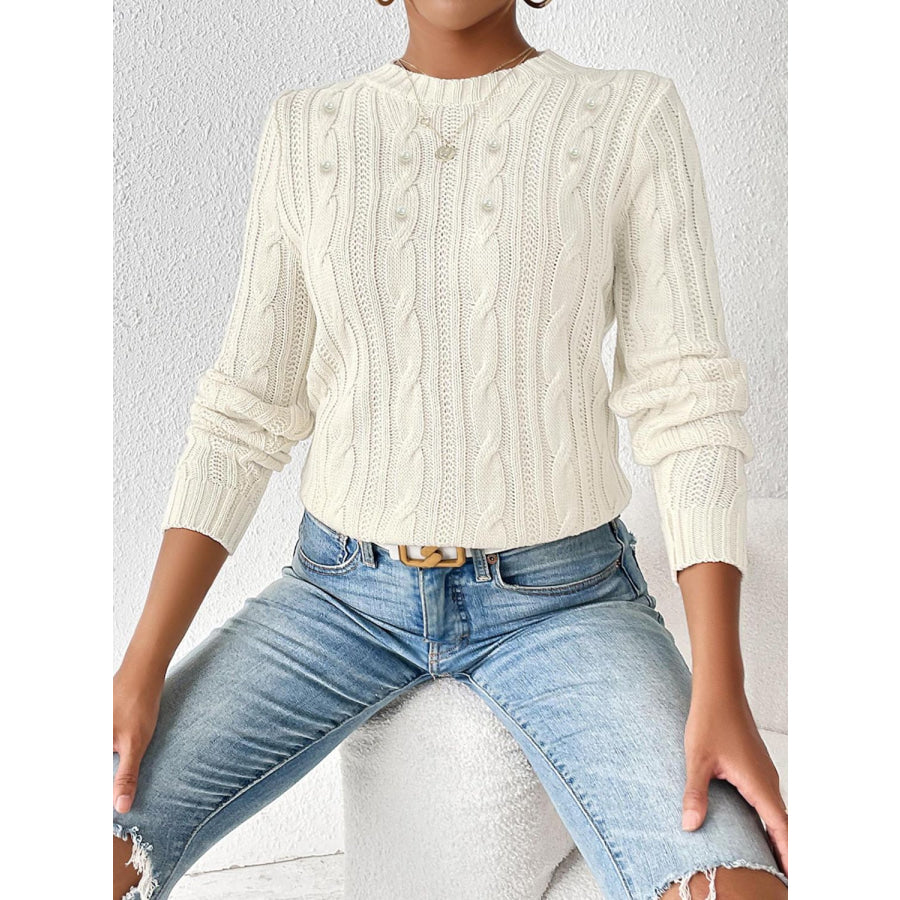 Cable-Knit Round Neck Long Sleeve Sweater Ivory / S Apparel and Accessories