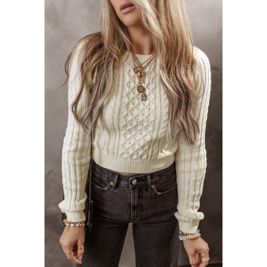 Cable-Knit Round Neck Long Sleeve Sweater Ivory / S Apparel and Accessories