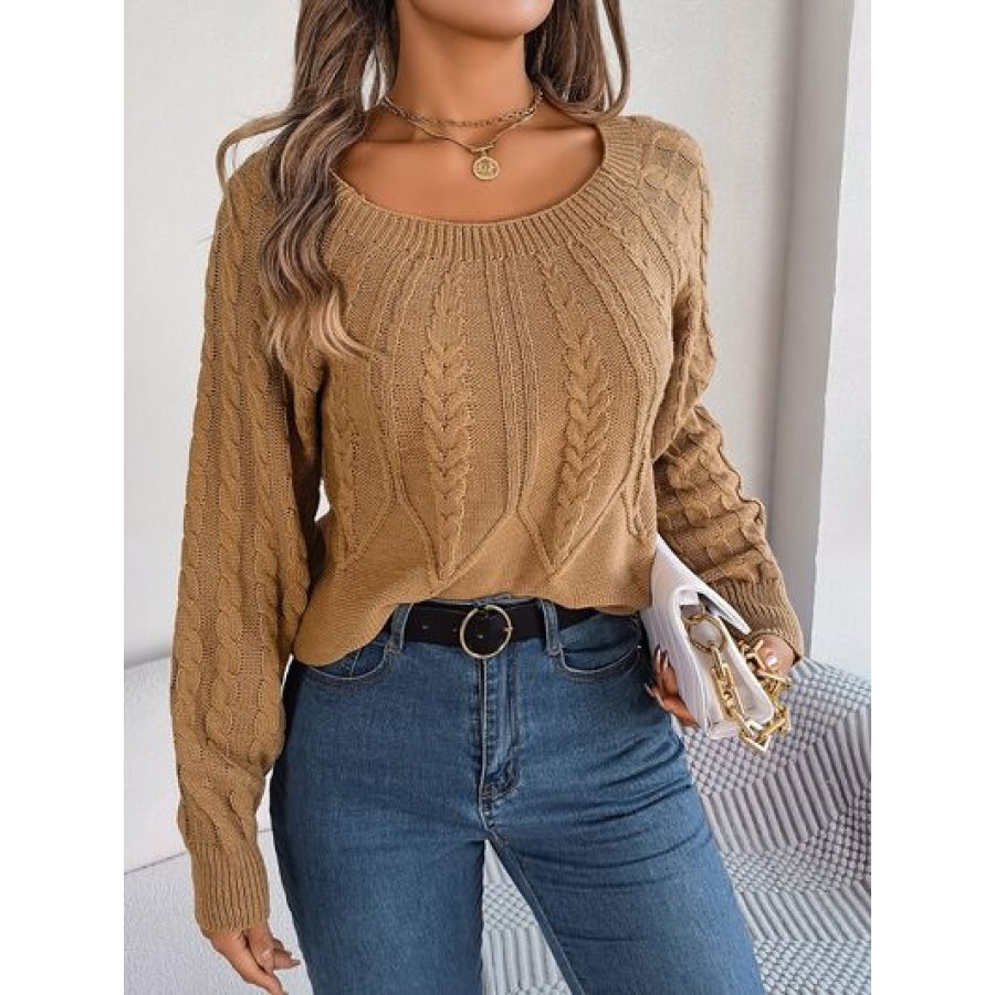 Cable-Knit Round Neck Long Sleeve Sweater Khaki / S Clothing