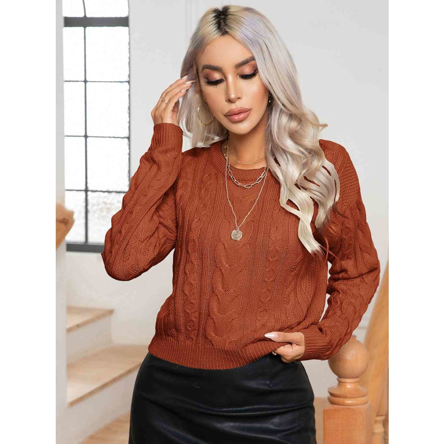 Cable-Knit Round Neck Long Sleeve Sweater Ochre / S