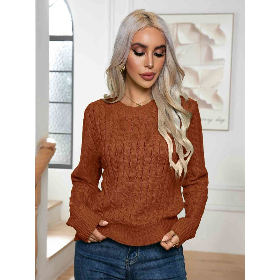 Cable-Knit Round Neck Long Sleeve Sweater Ochre / S