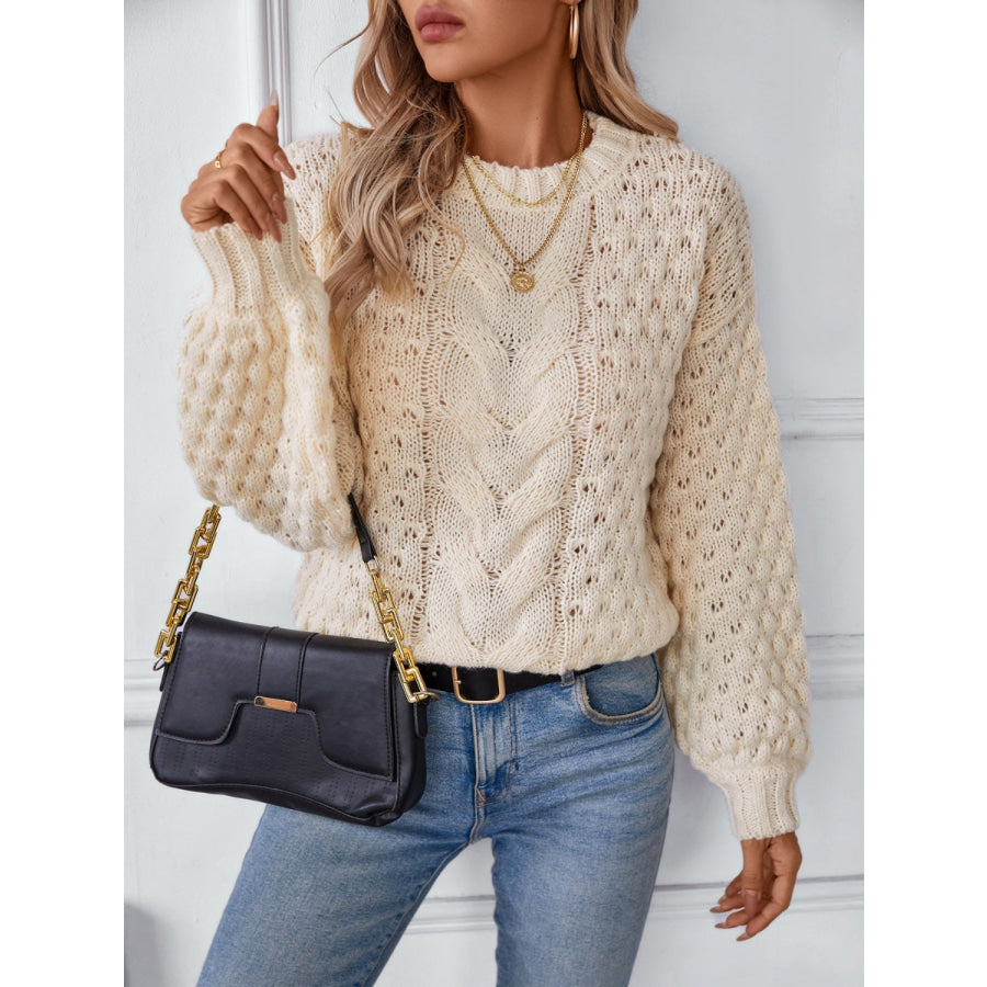 Cable-Knit Round Neck Long Sleeve Sweater Tan / S Apparel and Accessories