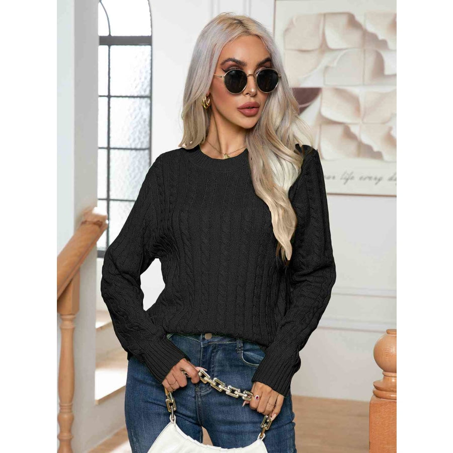 Cable-Knit Round Neck Long Sleeve Sweater