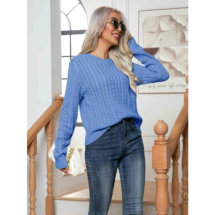 Cable-Knit Round Neck Long Sleeve Sweater