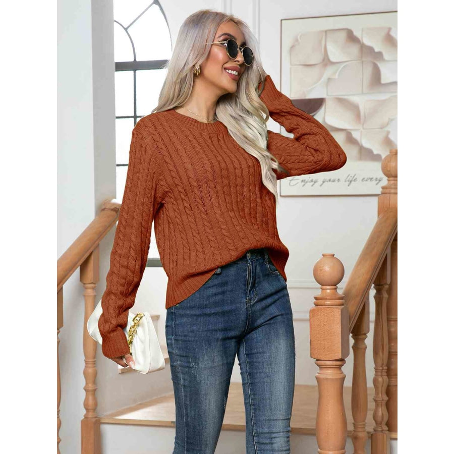 Cable-Knit Round Neck Long Sleeve Sweater