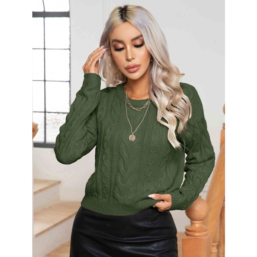 Cable-Knit Round Neck Long Sleeve Sweater