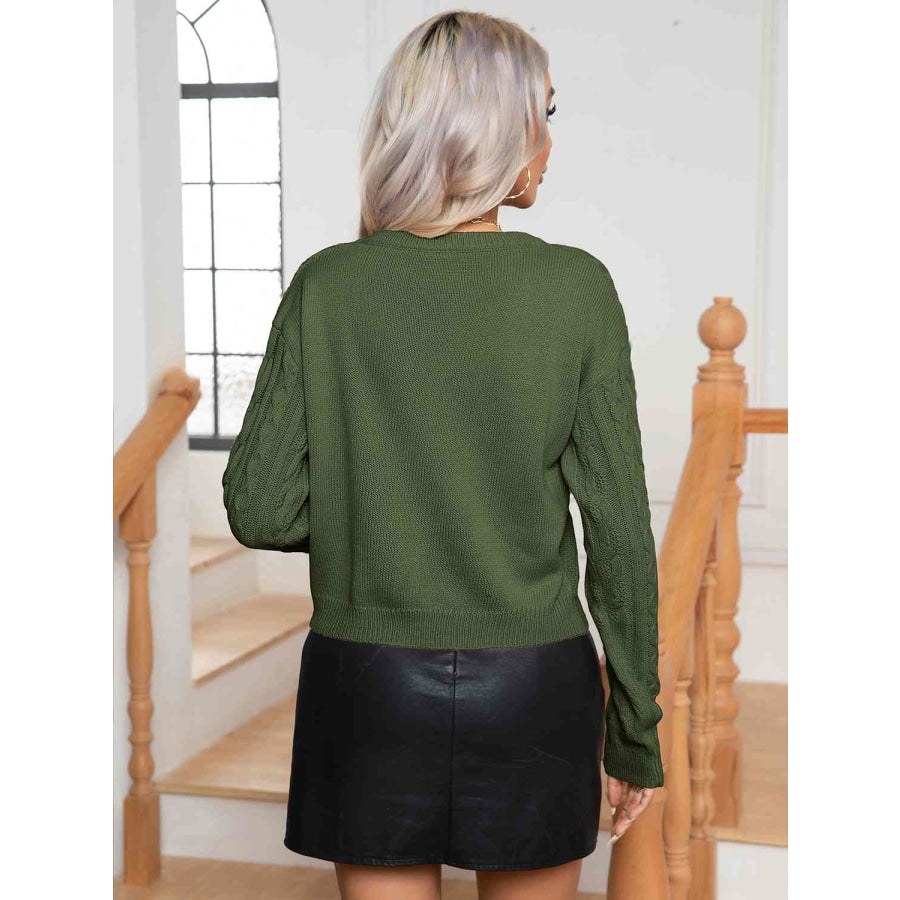 Cable-Knit Round Neck Long Sleeve Sweater Green / S