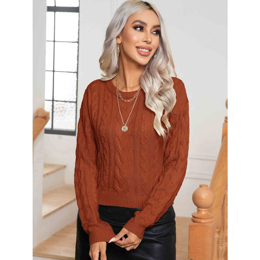 Cable-Knit Round Neck Long Sleeve Sweater