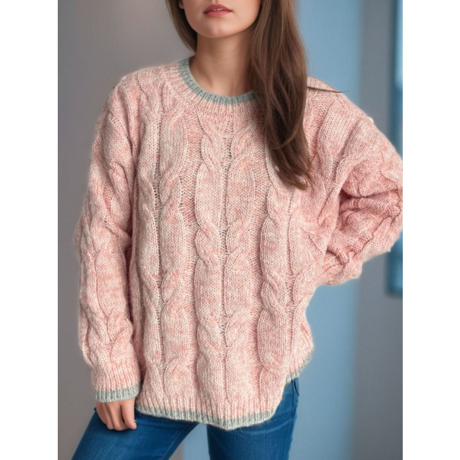 Cable Knit Round Neck Long Sleeve Sweater Watermelon pink / One Size Apparel and Accessories