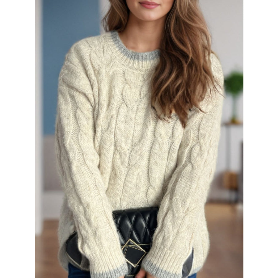 Cable Knit Round Neck Long Sleeve Sweater White / One Size Apparel and Accessories