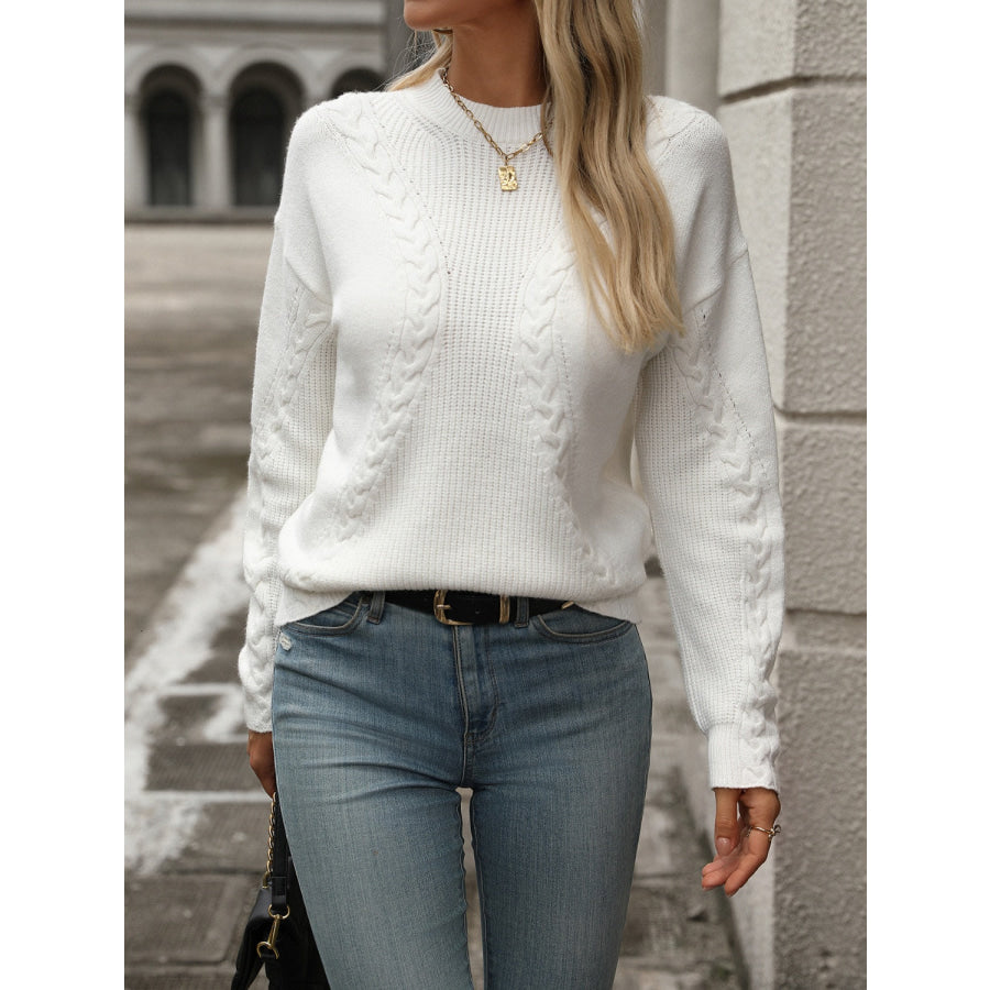 Cable-Knit Round Neck Long Sleeve Sweater White / S Apparel and Accessories