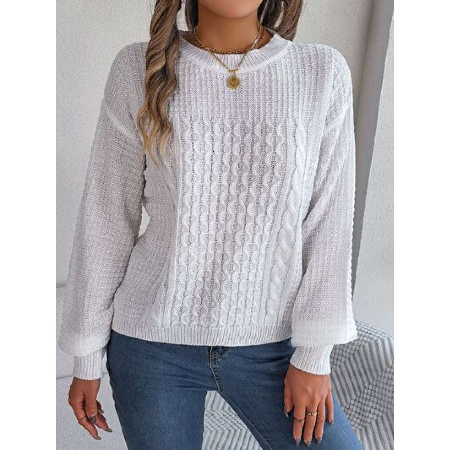 Cable-Knit Round Neck Long Sleeve Sweater White / S Clothing