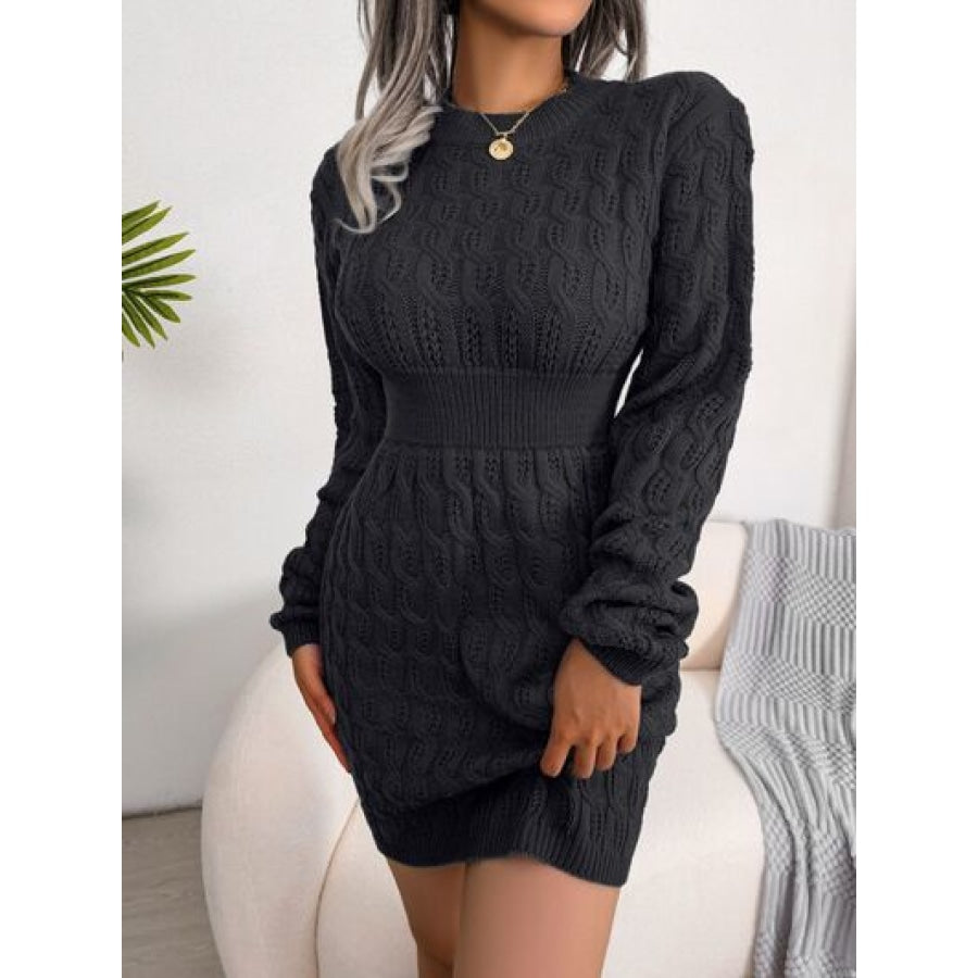 Cable-Knit Round Neck Mini Wrap Sweater Dress Black / S Clothing