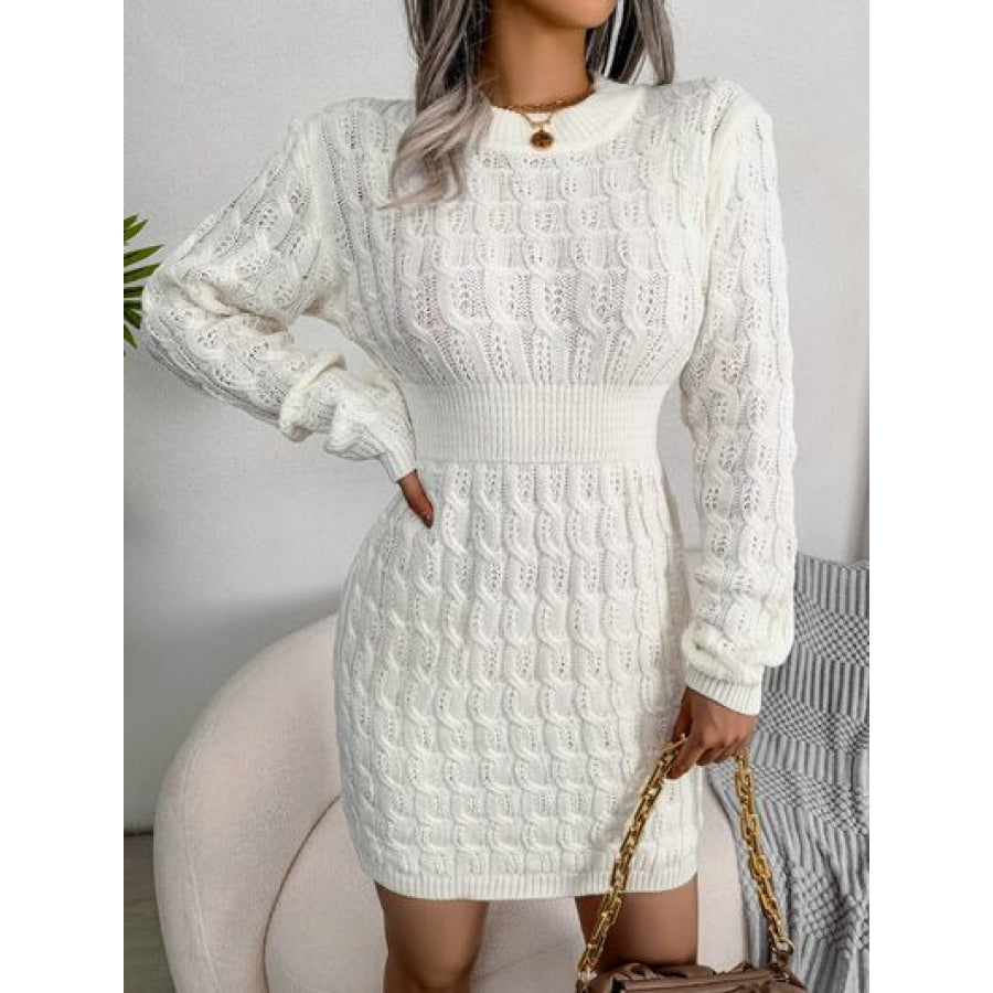 Cable-Knit Round Neck Mini Wrap Sweater Dress Clothing