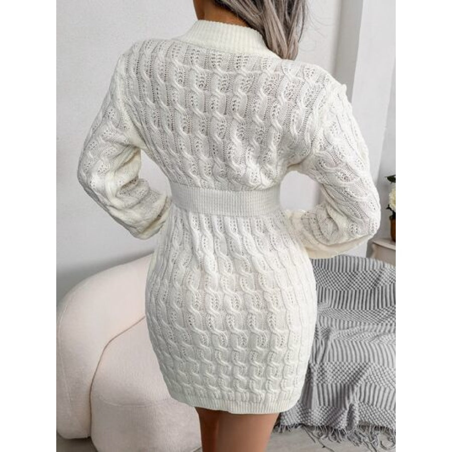 Cable-Knit Round Neck Mini Wrap Sweater Dress Clothing