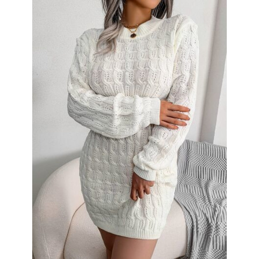 Cable-Knit Round Neck Mini Wrap Sweater Dress White / S Clothing