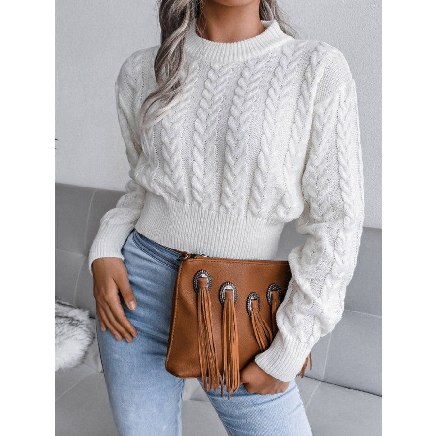 Cable-Knit Round Neck Sweater White / S Apparel and Accessories