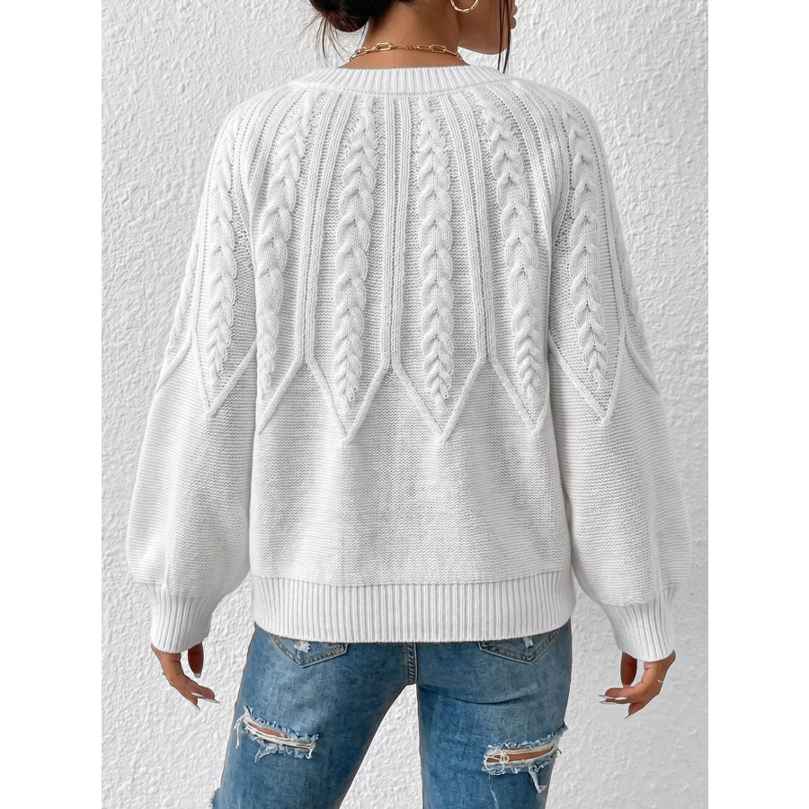 Cable-Knit Round Neck Sweater White / S Apparel and Accessories