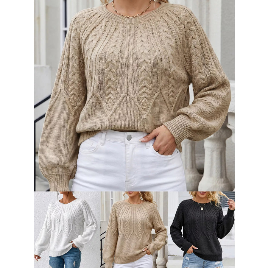 Cable-Knit Round Neck Sweater Camel / S Apparel and Accessories