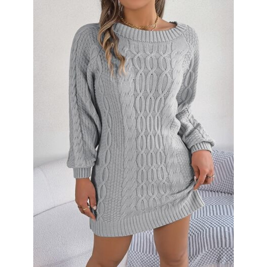 Cable-Knit Round Neck Sweater Dress Light Gray / S Apparel and Accessories