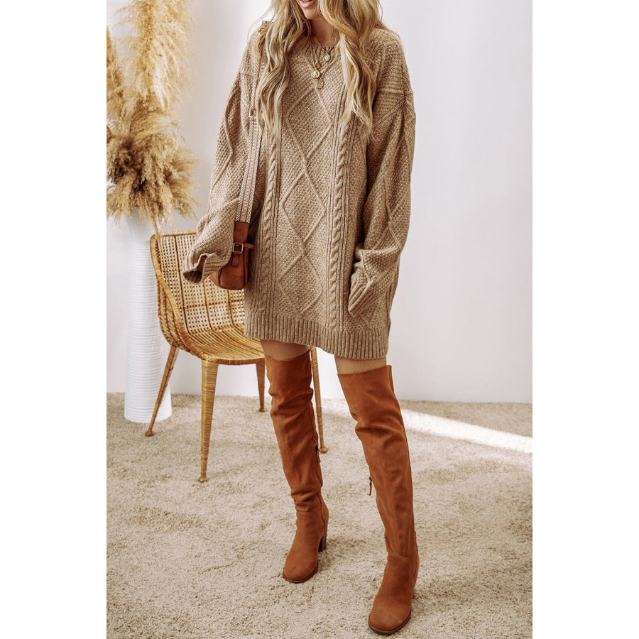 Cable-Knit Round Neck Sweater Dress Apparel and Accessories