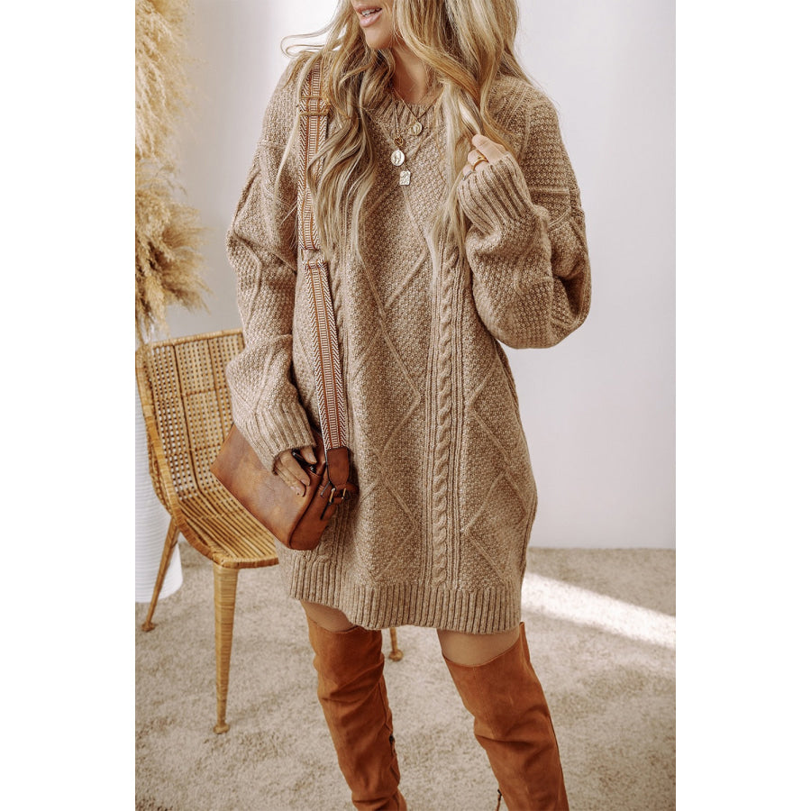 Cable-Knit Round Neck Sweater Dress Tan / S Apparel and Accessories