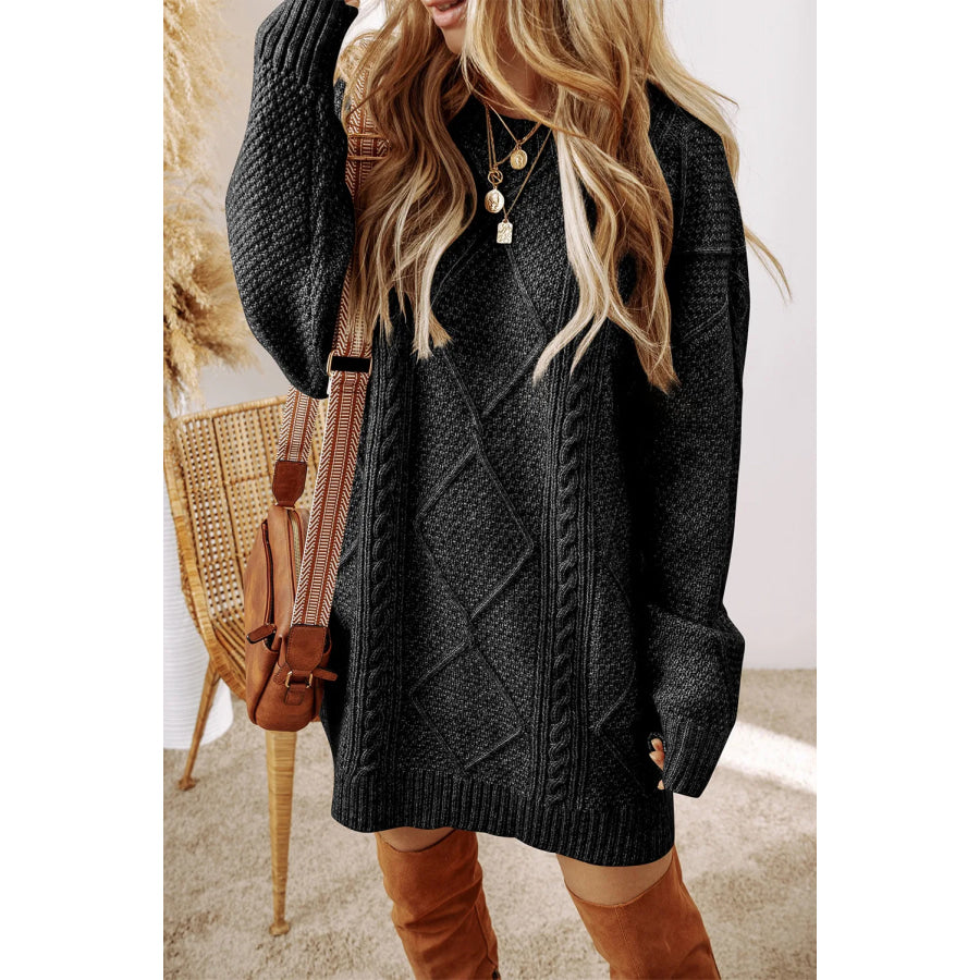 Cable-Knit Round Neck Sweater Dress Black / S Apparel and Accessories