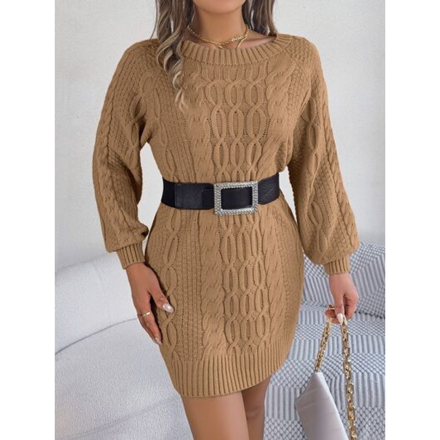 Cable-Knit Round Neck Sweater Dress Camel / S Apparel and Accessories